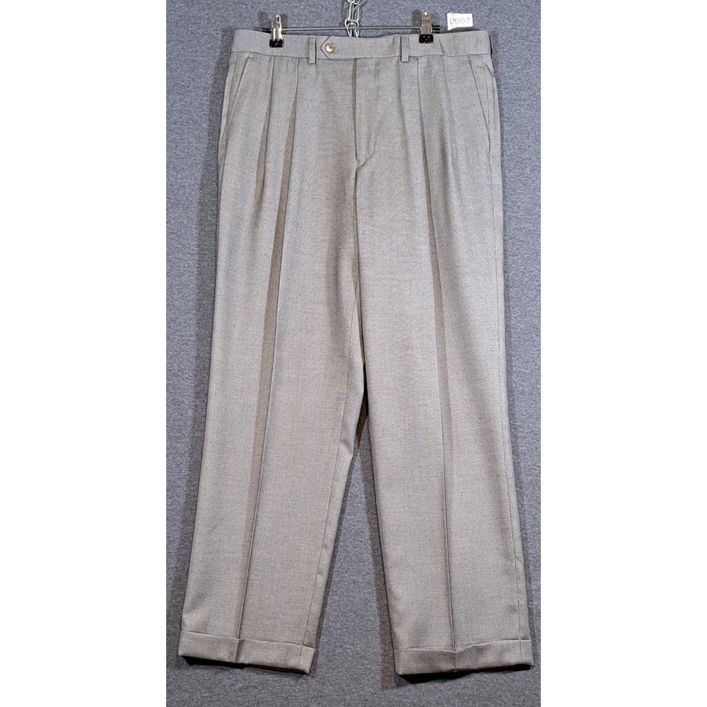 Ralph Lauren Mens Grey Tan Micro Check Pleated Cuffed Dress Pants 35x30